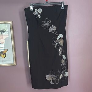 New York & Company Fitted Black Strapless Dress Floral Details